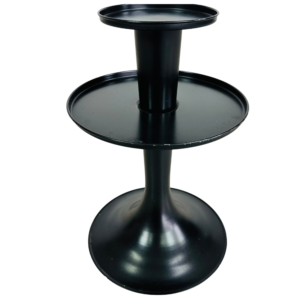 VINTAGE TWO-TIERED TRAY: Dimensions: H 21” x W 14”. Vintage black painted metal 3-tiered tray.