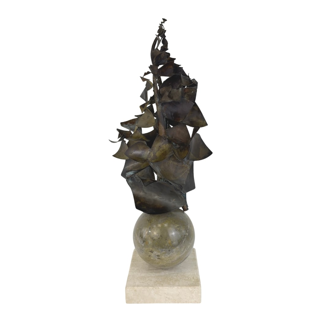 BRUTALIST DUTCH METAL SCULPTURE: Dimensions: H 30” x W 8.5”. Vintage Dutch Brutalist metal sculpture with marble base.