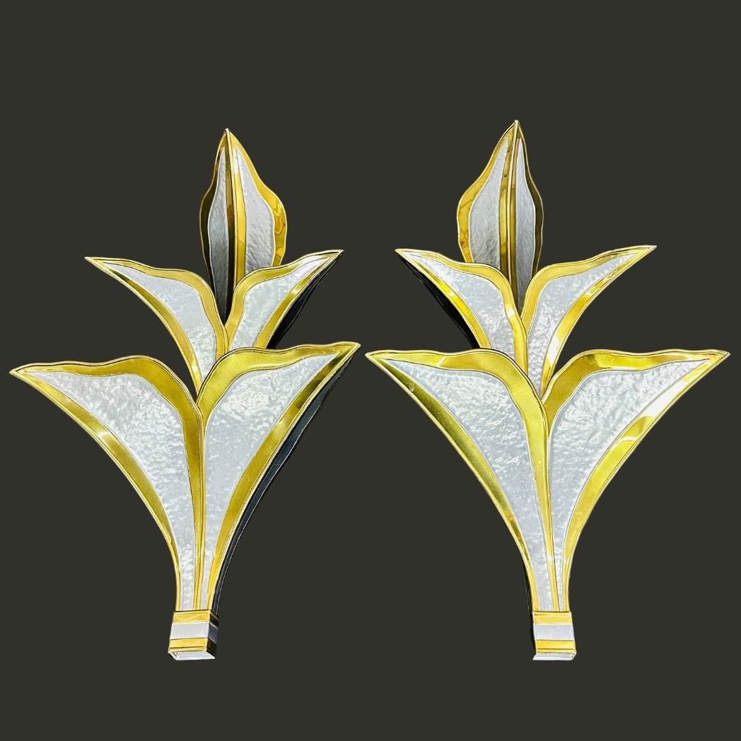 HENRI FERNANDEZ WALL SCONCES, A PAIR: Dimensions: H 26.5” x W 15” x D 7”. Pair of Vintage French wall sconces designed by Henri Fernandez in gold and silver handcrafted hammered brass, 1970s.