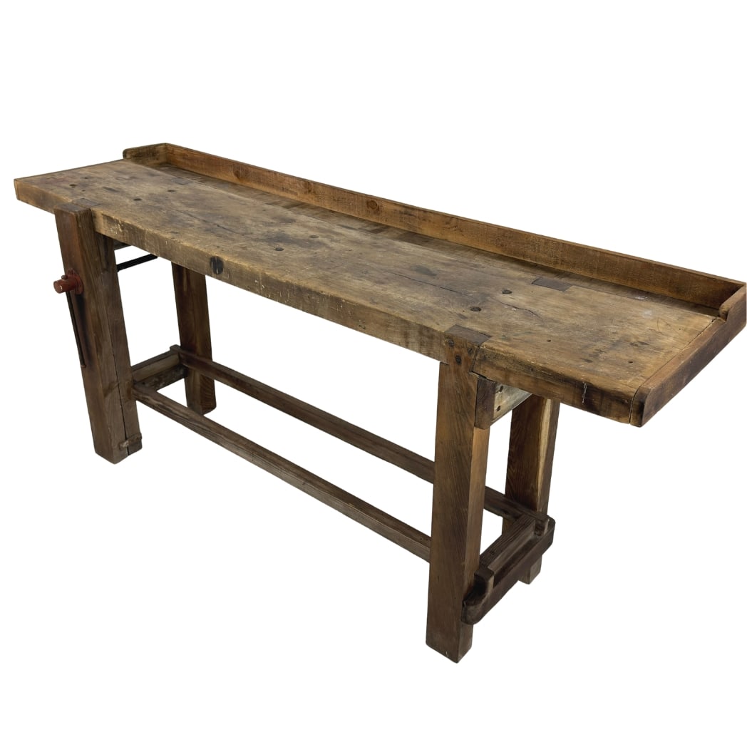 ANTIQUE WORKBENCH CONSOLE TABLE: Dimensions: H 35” x W 80” x D 23”. Antique wood and iron carpenter’s workbench console table