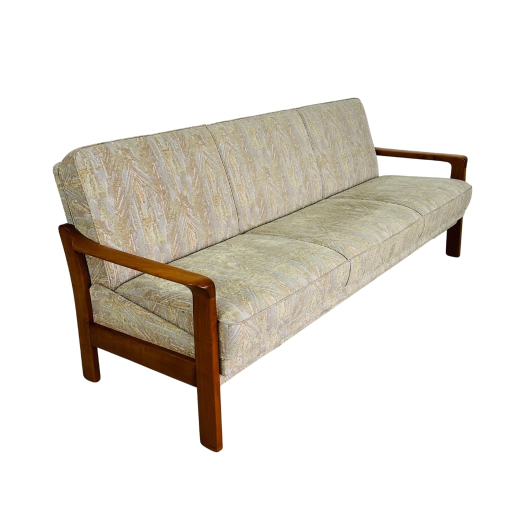 DANISH TEAK THREE-SEATER SOFA: Dimensions: H 32” x W 79.7” x D 30” x SH 18”. Vintage Danish teak three-seater sofa upholstered in original fabric.