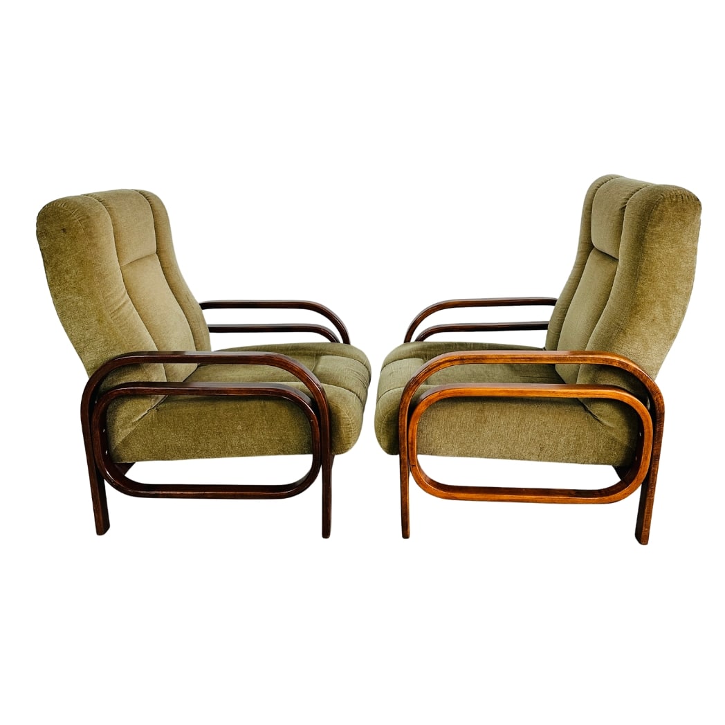 VINTAGE BENTWOOD ARMCHAIRS, A PAIR: Dimensions: H 35.5” x W 27.7” x D 29” x SH 16”. Pair of Vintage bentwood armchairs upholstered in original green fabric.