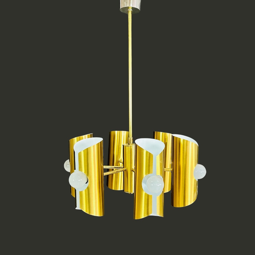 DANISH SPACE AGE CHANDELIER, 1970: Dimensions: H 26” x W 17”. Vintage Danish Space Age chandelier with cylindrical shades from the 1970s.