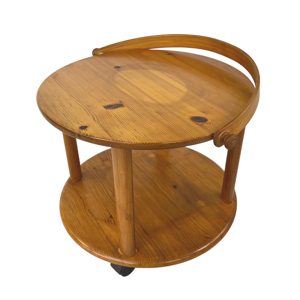 SCANDINAVIAN PINE ROLLABLE SERVING TROLLEY: Dimensions: H 16.5” x W 19.5”. Scandinavian pine rollable serving trolley.