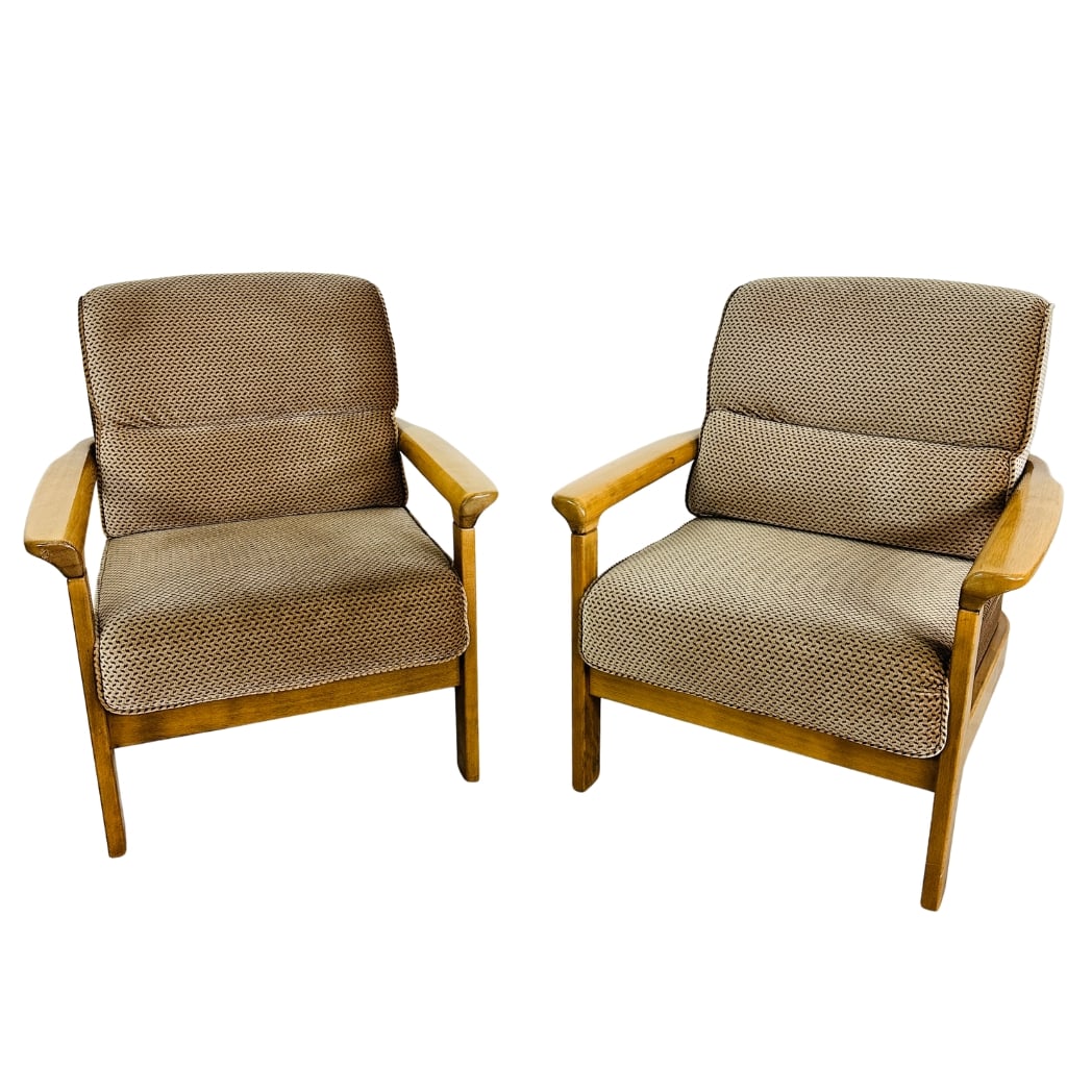 VINTAGE SCANDINAVIAN LOUNGE CHAIRS, A PAIR: Dimensions: H 32.5” x W 29.3” x D 28” x SH 17”. Pair of Vintage Scandinavian lounge chairs upholstered in original brown/gold velvet upholstery.