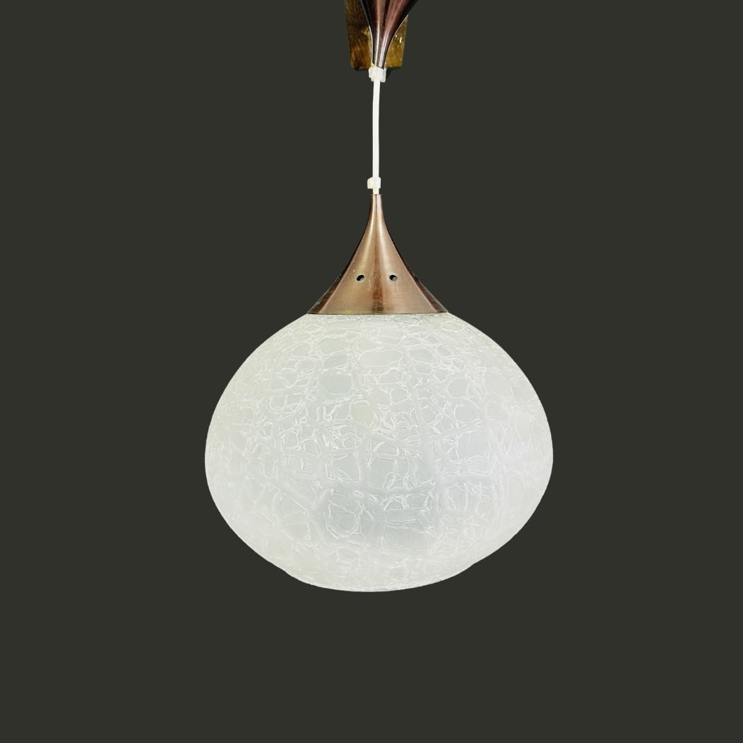 ICE GLASS LAMP ATTR. TO DORIA LEUCHTEN, 1970s: Dimensions: H 21.5” x W 11.5”. Vintage pendant lamp with ice glass shade attr. to Doria Leuchten from the 1970s.