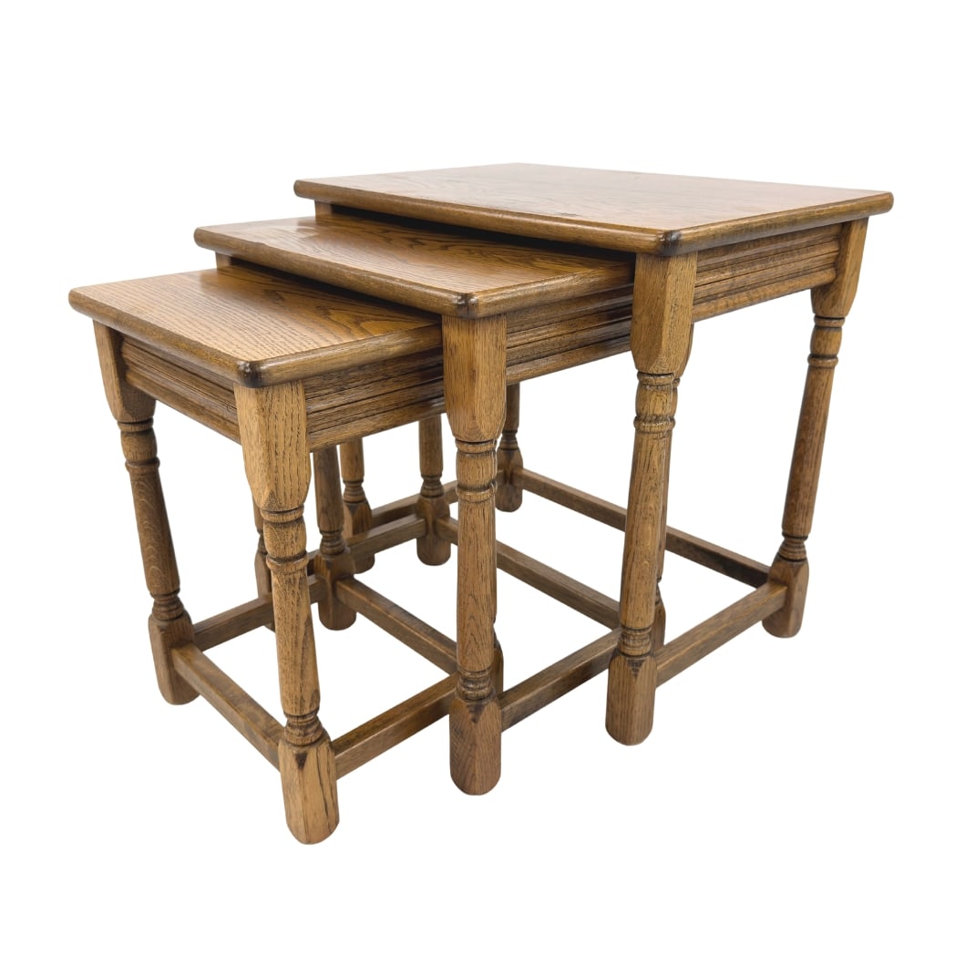 (3) FRENCH OAK NESTING TABLES: Dimensions: H 19” x W 20” x D 13.5”. Set of 3 Vintage French carved oak nesting tables. Dimensions: H 18" x W 15.5"/ H 16.5" x W 12".