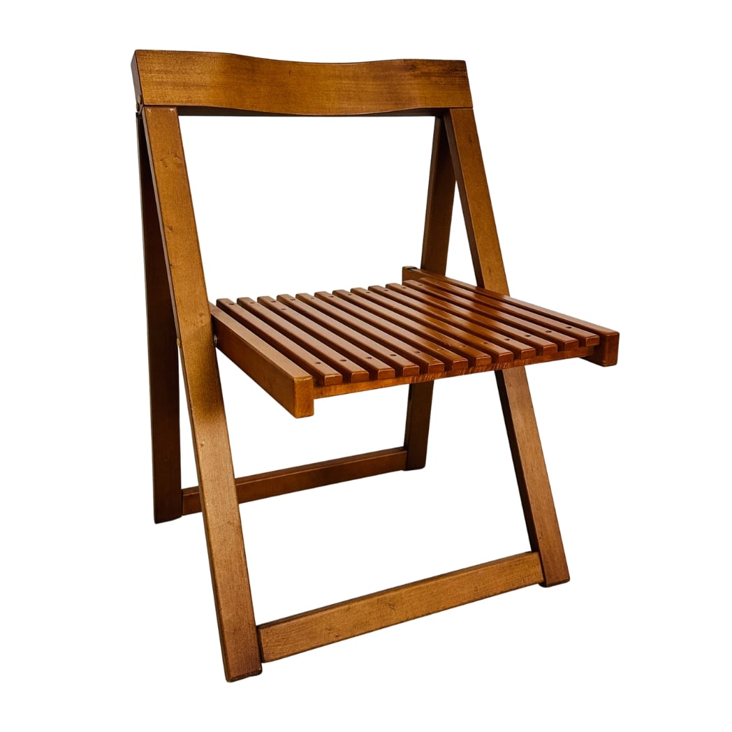 ALDO JACOBER FOLDING CHAIR, 1960s: Dimensions: H 28.7” x W 20.5” x D 16.3” x SH 16.5”. Vintage Trieste slatted folding chair, designed by Aldo Jacober for Alberto Bazzani.