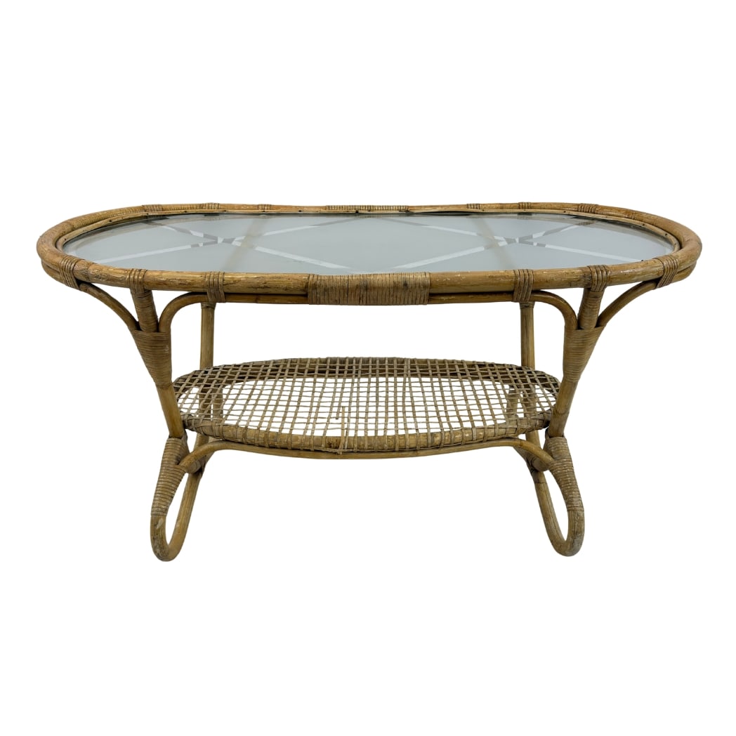 BAMBOO AND RATTAN COFFEE TABLE BY ROHE NOORDWOLDE: Dimensions: H 20.7” x W 41.5” x D 20”. Vintage bamboo and rattan coffee table designed by Dirk Van Sliedrecht for Rohe Noordwolde with glass top and a lower shelf.