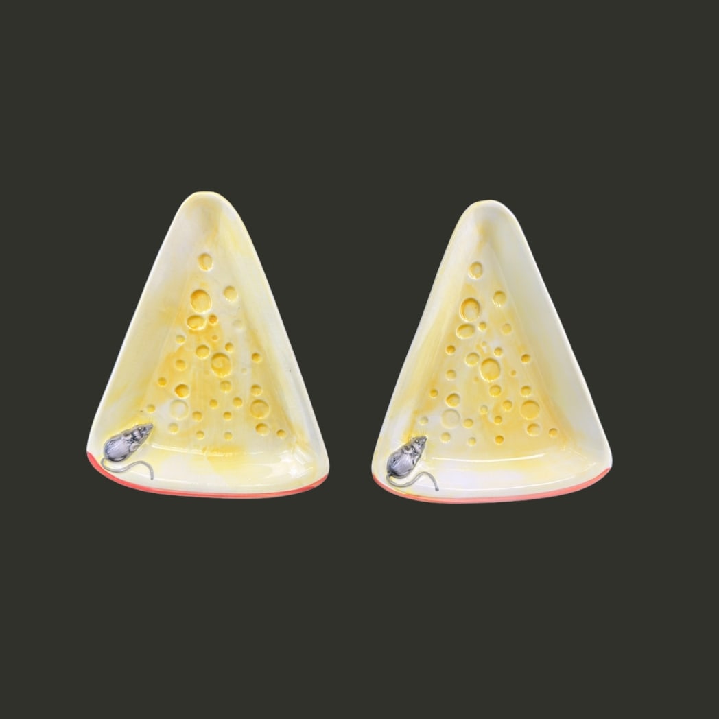 BASSANO MAJOLICA CHEESE PLATES, A PAIR: Dimensions: W 10.3” x D 8.5”. Pair of Vintage Italian Majolica hand painted Bassano Grappa cheese plates. Marked.