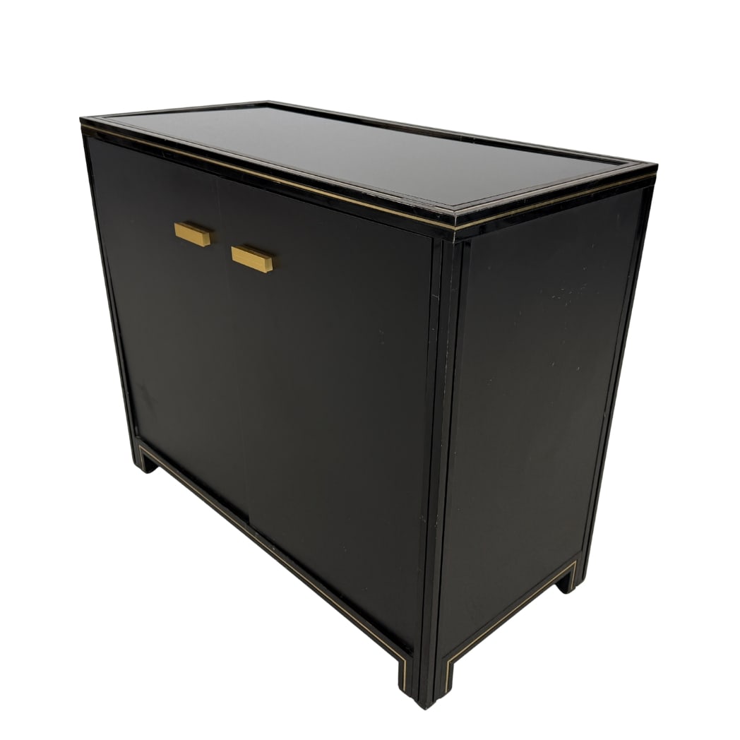 PIERRE VANDEL PARIS SIDEBOARD, 1970s: Dimensions: H 29.5” x W 35.7” x D 16.7”. French black lacquered sideboard by Pierre Vandel.