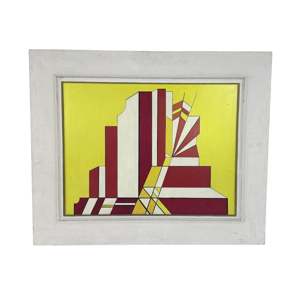 ABSTRACT PAINTING, SIGNED: Dimensions: H 28.5” x W 34.5. Vintage abstract oil on board painting with white painted wooden frame. Signed.