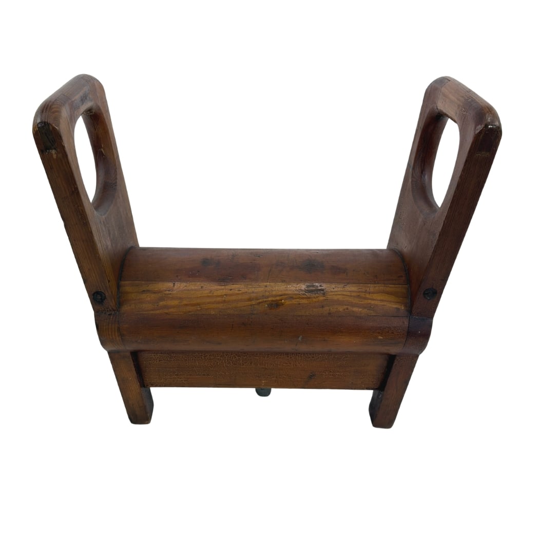 VINTAGE GYM BOOM SADDLE: Dimensions: H 19.5” x W 20.3” x D 9” x SH 9”. Vintage wooden gymnastic boom saddle/pommel with two handles.