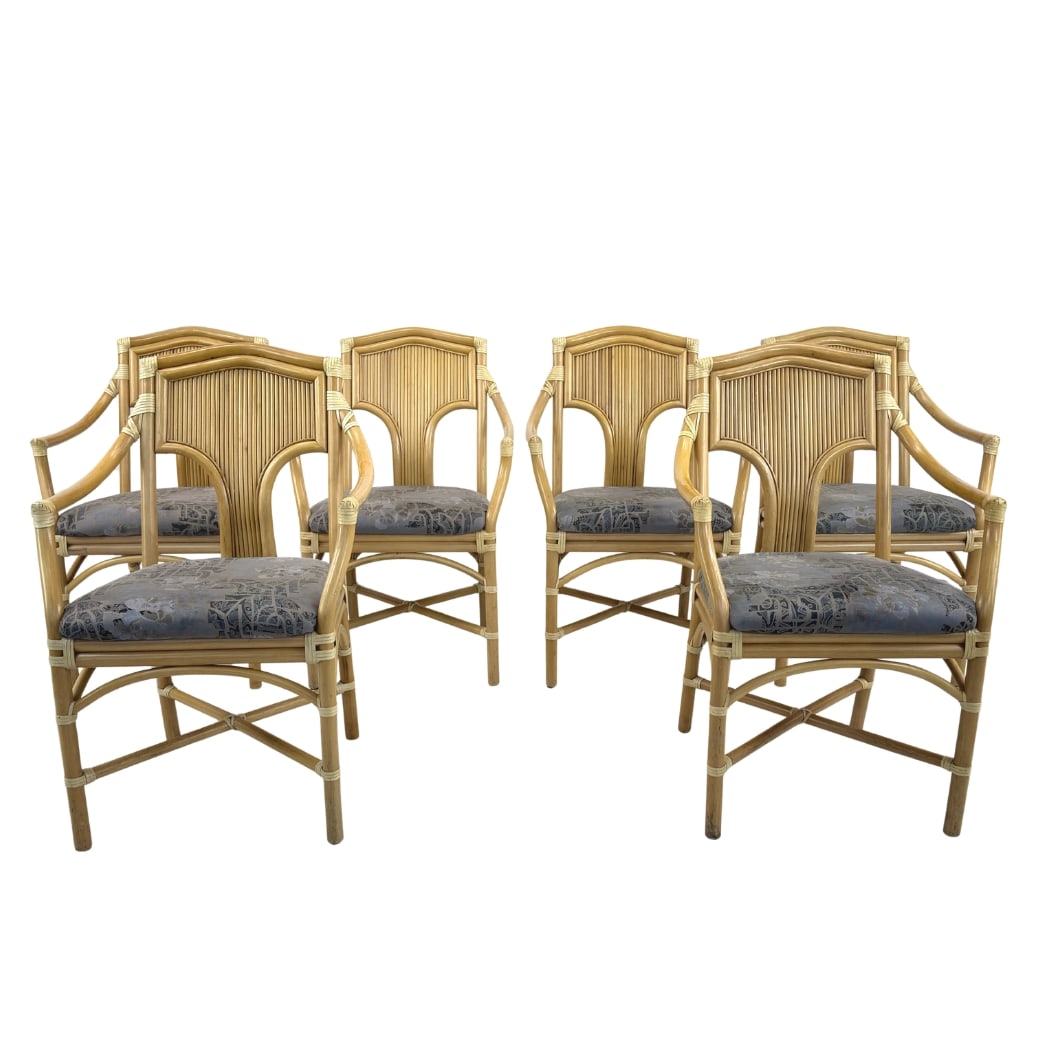 (6) ITALIAN BAMBOO AND RATTAN ARMCHAIRS: Dimensions: H 37” x W 24” x D 23” x SH 21”. Set of 6 Vintage Italian bamboo and rattan armchairs with original upholstered seats.