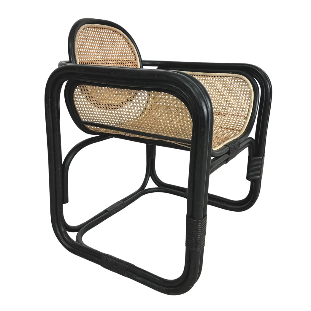 MARTE LOUNGE CHAIR: Dimensions: H 34.7” x W 28.3” x D 23.7” x SH 18”. Vintage Marte lounge chair with black painted frame and curved wicker seat.