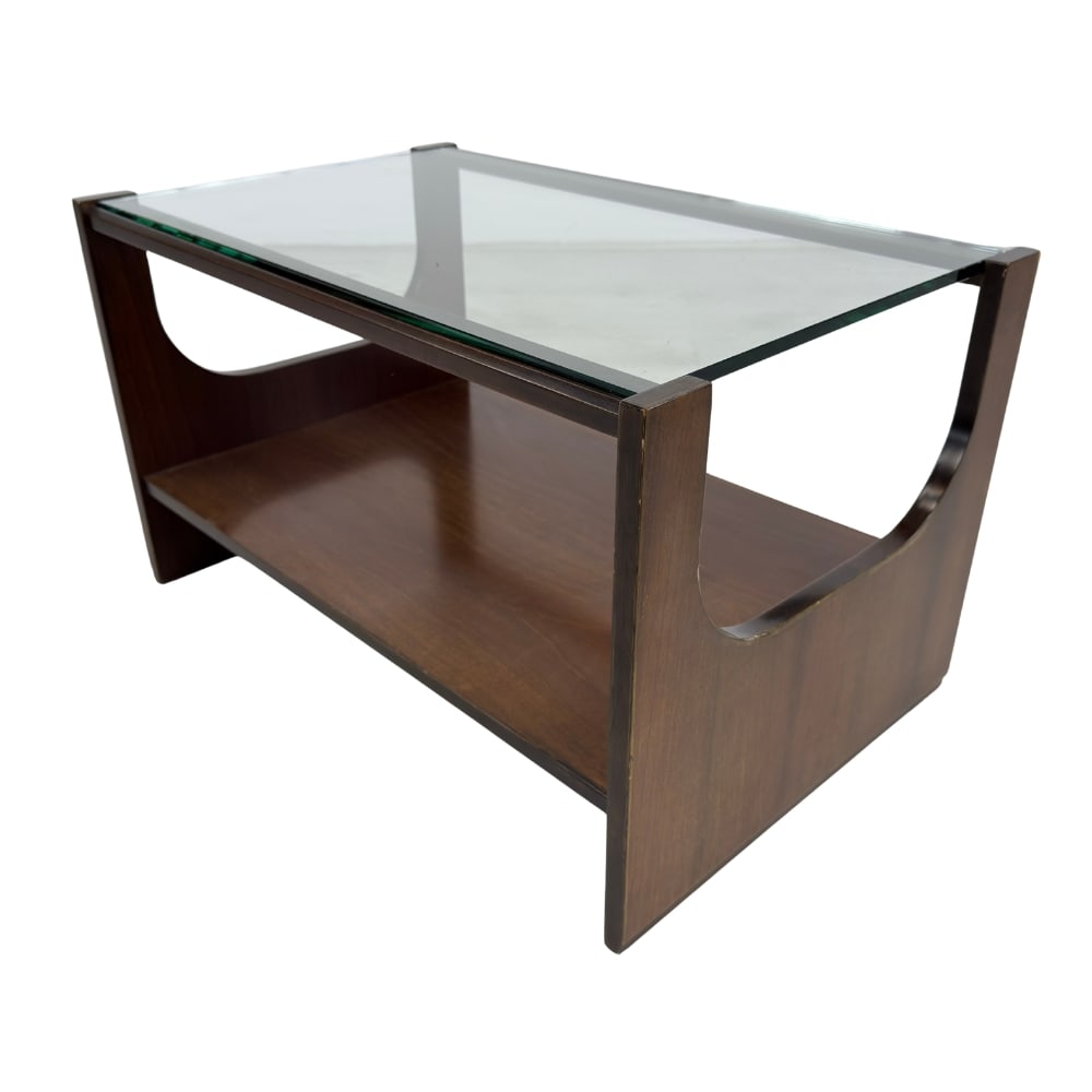 ITALIAN SPACE AGE COFFEE TABLE: Dimensions: H 15.5” x W 26.3” x D 16.5”. Vintage Italian Space Age coffee or side table with glass top and lower shelf.