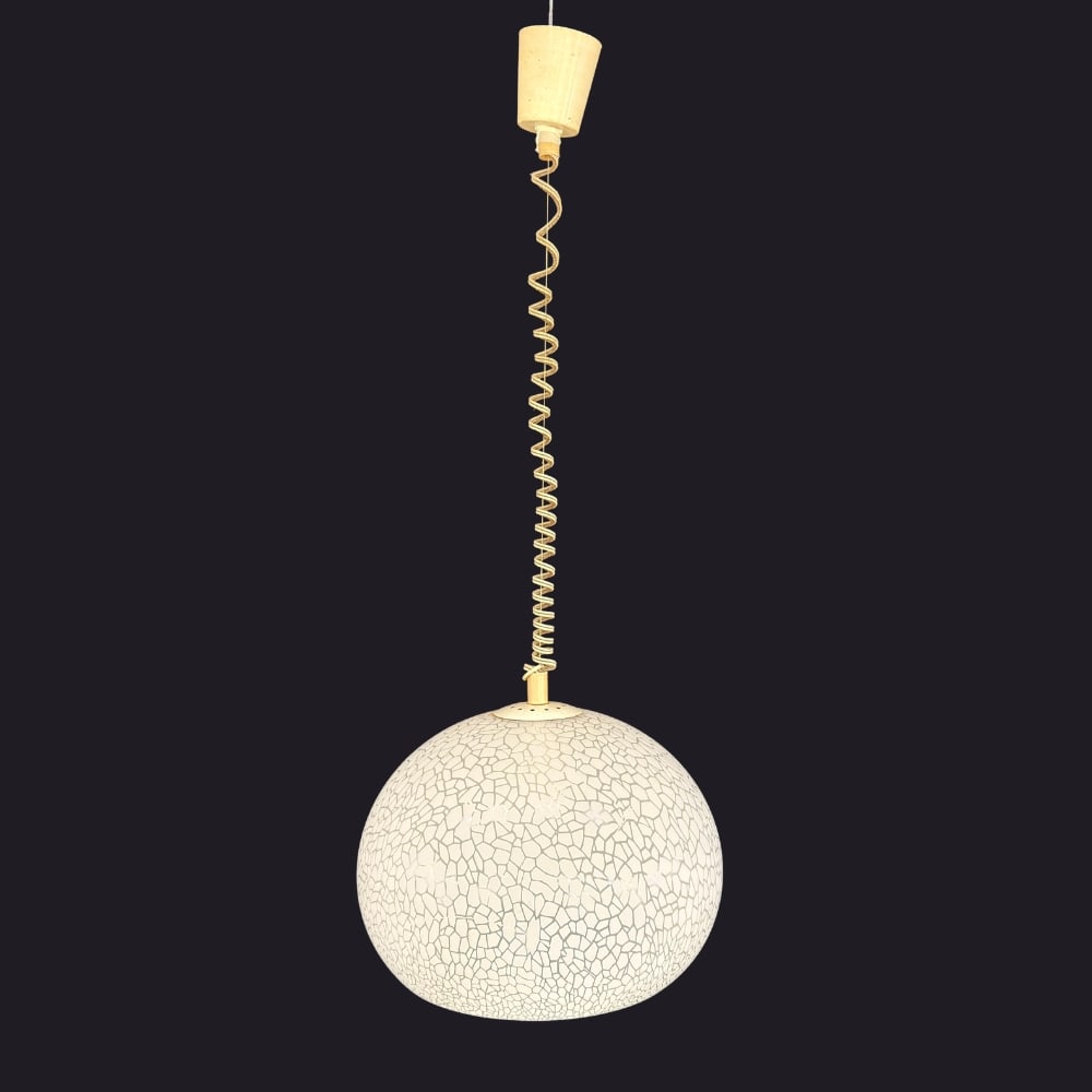 ITALIAN CEILING LAMP: Dimensions: H 12” x W 15”. Mid-Century Modern Italian ceiling lamp with mosaic white glass shade.