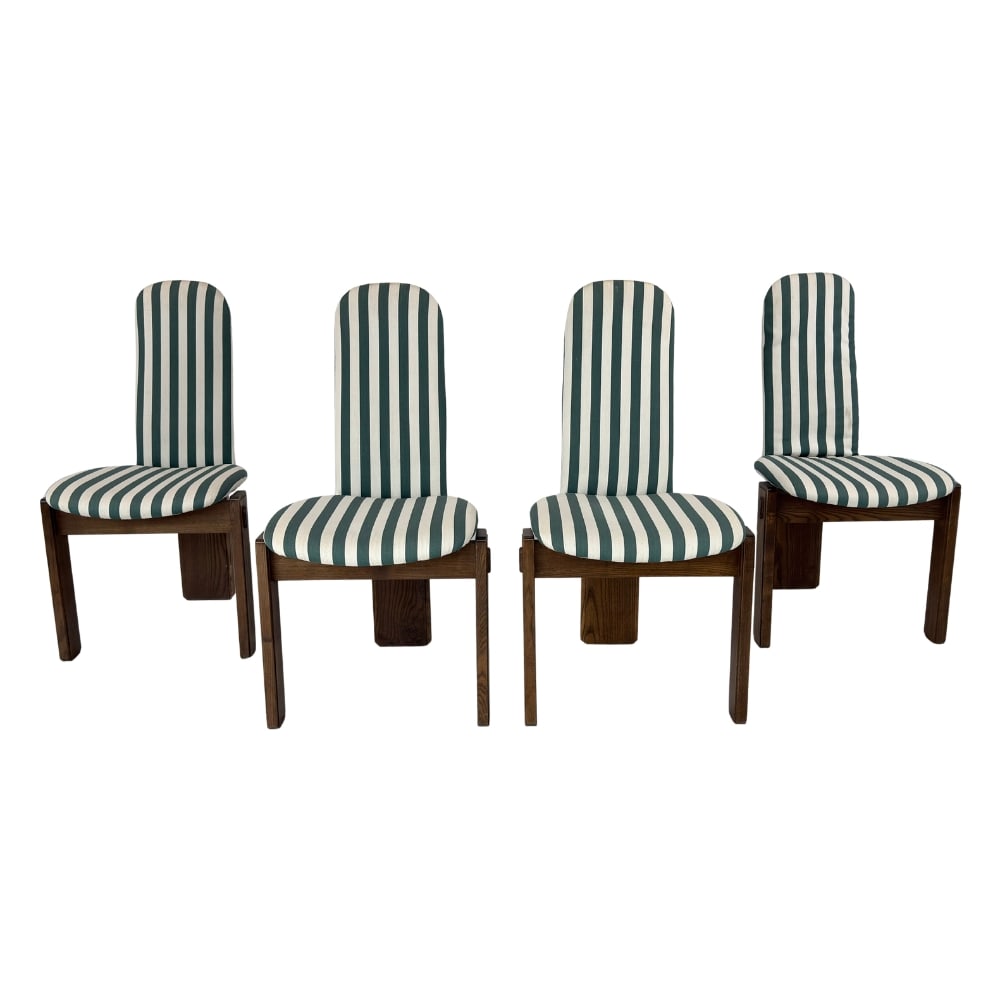 SET OF (4) BRUTALIST DINING CHAIRS: Dimensions: H 39” x W 19” x D 23” x SH 20”. Set of 4 Vintage Brutalist high back dining chairs in original striped upholstery.