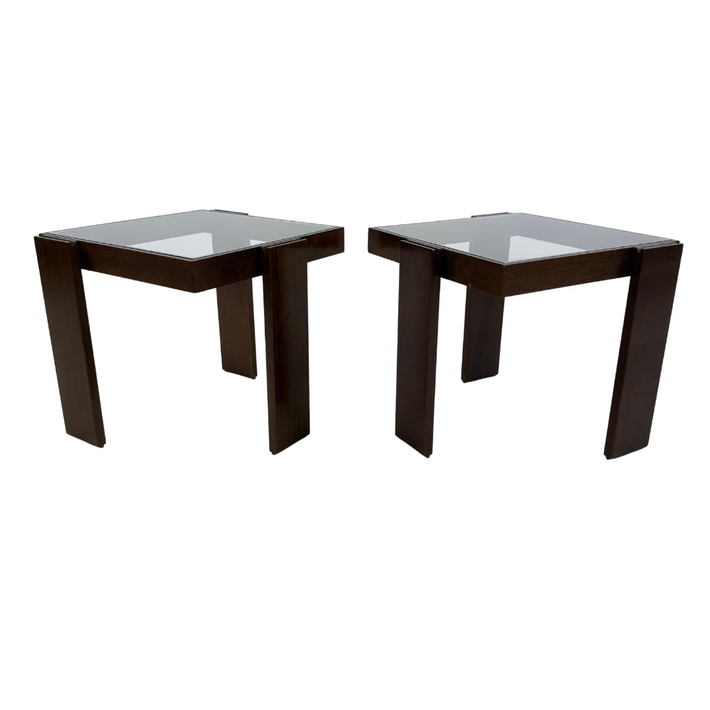 PORADA ARREDI SIDE TABLES, A PAIR: Dimensions: H 16” x W 15.7” x D 15.7”. Pair of Vintage Italian square side tables designed by Porada Arredi in the 1970s with glass top.