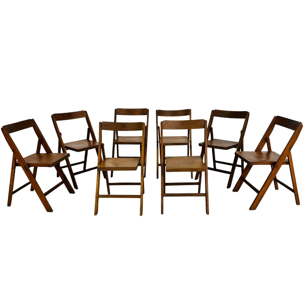 (12) FOLDING CHAIRS ATTR THONET: Dimensions: H 31” x W 18” x SD 16” x SH 18.3”. Set of 12 Vintage folding cinema chairs attributed to Thonet, 1930s.
