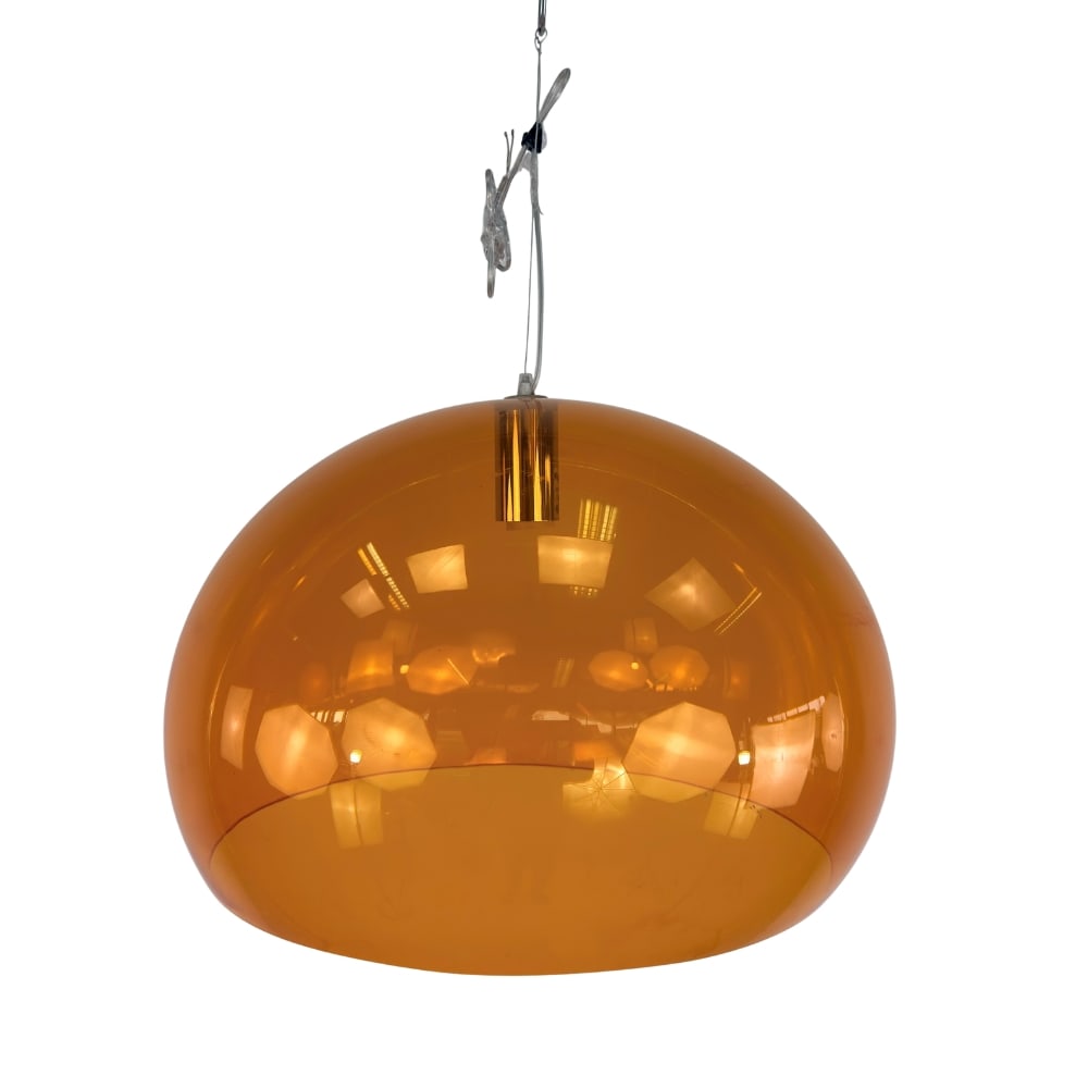KARTELL CEILING LAMP: Dimensions: H 15” x W 18.5”. Italian Kartell FL/Y orange pendant lamp designed by Ferrucio Laviani.