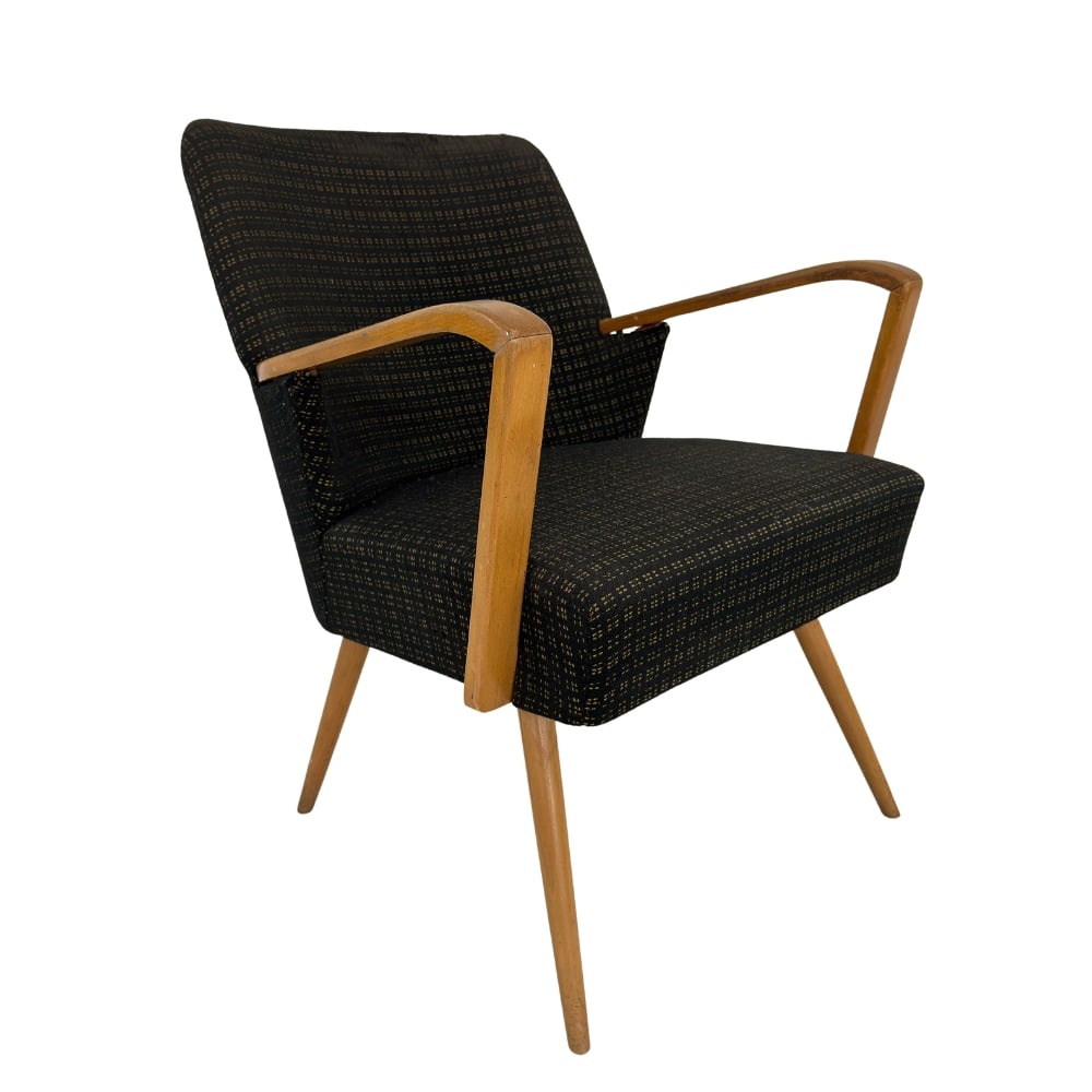 ART DECO COCKTAIL CHAIR: Dimensions: H 31” x W 23” x D 26.5” x SH 17.5”. Vintage Danish Art Deco cocktail armchair with original dark upholstery.