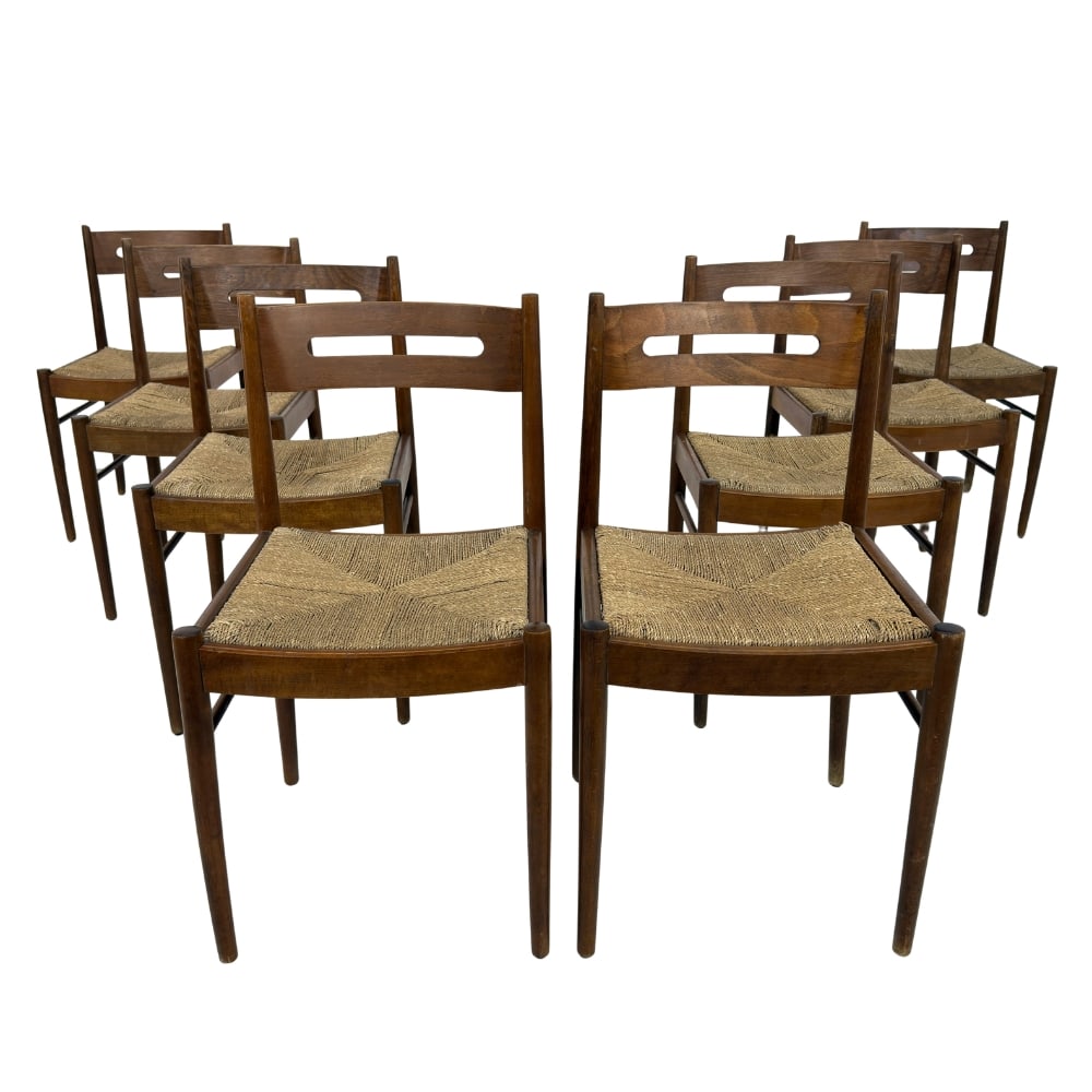 (8) DANISH RAZORBLADE DINING CHAIRS MANNER OTTO MOLLER: Dimensions: H 32” x W 17.5” x D 19” x SH 18”. Set of 8 dining chairs manner of Otto Moller with original wicker seats.