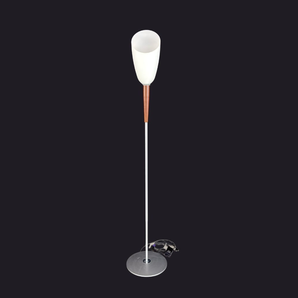 JEAN-MARIE VALERIE FOR ARTEMIDE FLOOR LAMP: Dimensions: H 73.5” x W 13.5”. Vintage Italian Arpasia floor lamp designed by Jean-Marie Valerie for Artemide in aluminum and wood with glass diffuser, 1990s.