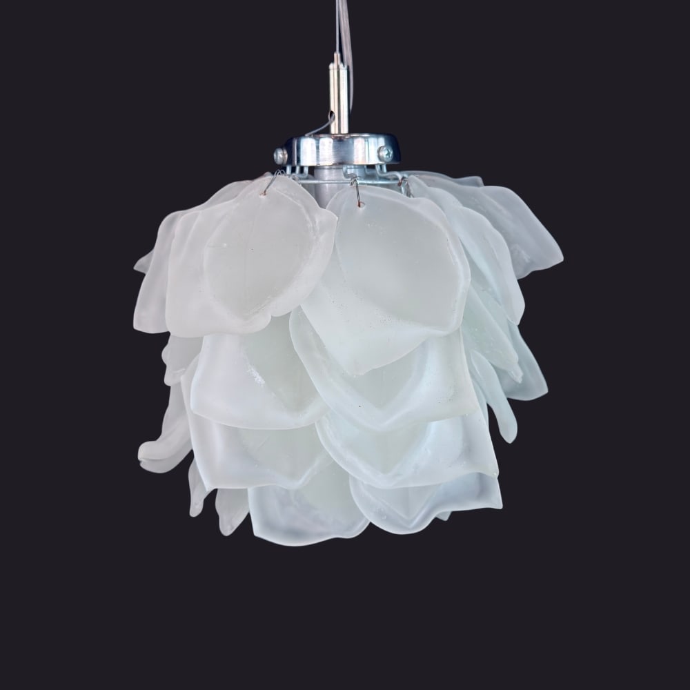 BELGIAN DESIGNER PENDANT CHANDELIER: Dimensions: H 11” x W 8.5”. Contemporary Belgian flower pendant chandelier with matte glass petals. New in box.