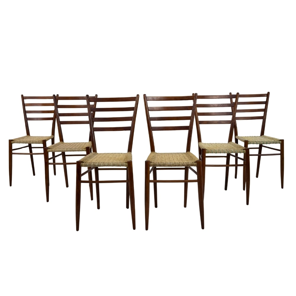 (6) ITALIAN DINING CHAIRS CHIAVARI SPINETTO: Dimensions: H 37” x W 15” x D 16.5” x SH 19”. Set of 6 Vintage Italian ladder back dining chairs attr. to Chiavari Spinetto with wicker cord seats.