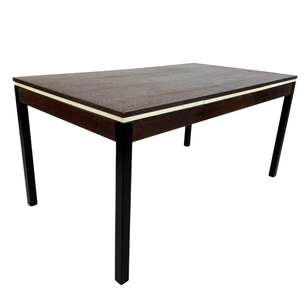 SCANDINAVIAN EXTENDABLE DINING TABLE: Dimensions: H 29.7” x W 61” x D 34”. Vintage Scandinavian extendable dining table in dark wood with white edging. Extended W 99".