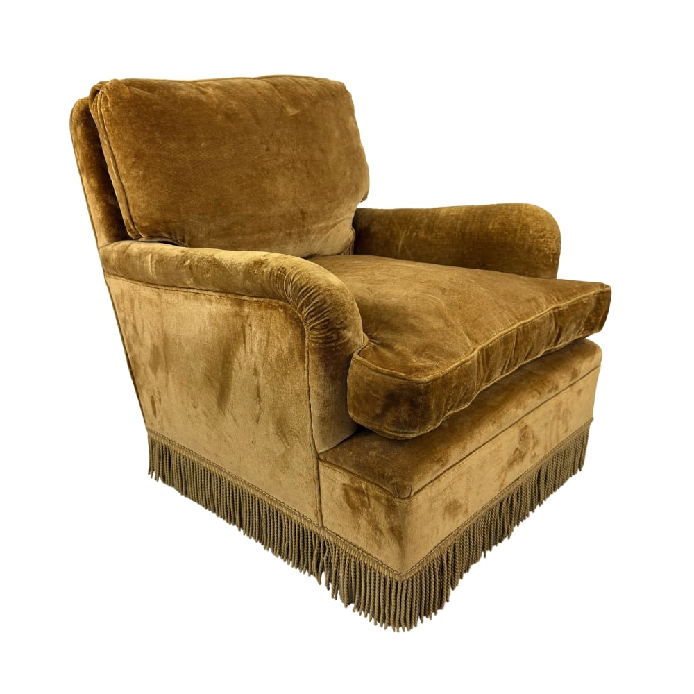ITALIAN VELVET LOUNGE CHAIR: Dimensions: H 34” x W 29.5” x D 34” x SH 19.5”. Vintage Italian lounge chair upholstered in original gold velvet upholstery with fringes.