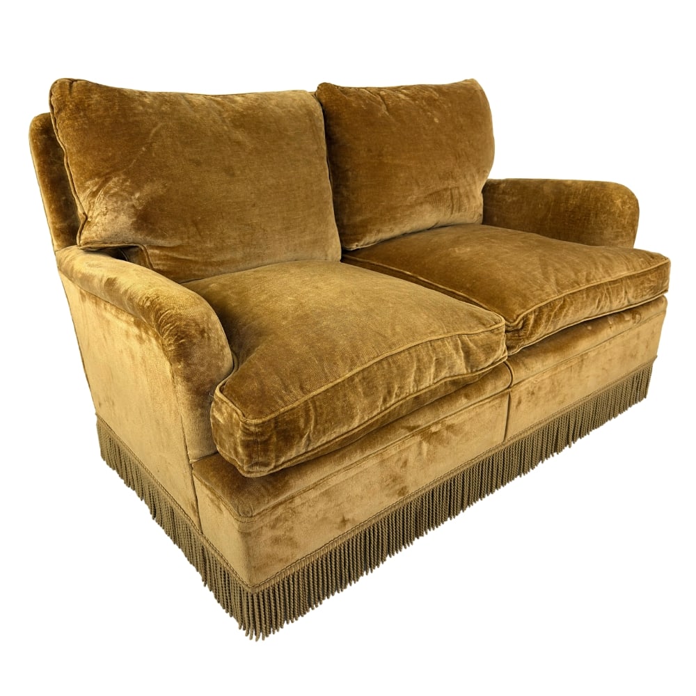 ITALIAN VELVET TWO-SETAER SOFA: Dimensions: H 31” x W 53” x D 35” x SH 19.5”. Vintage Italian two-seater sofa upholstered in original gold velvet upholstery with fringes.