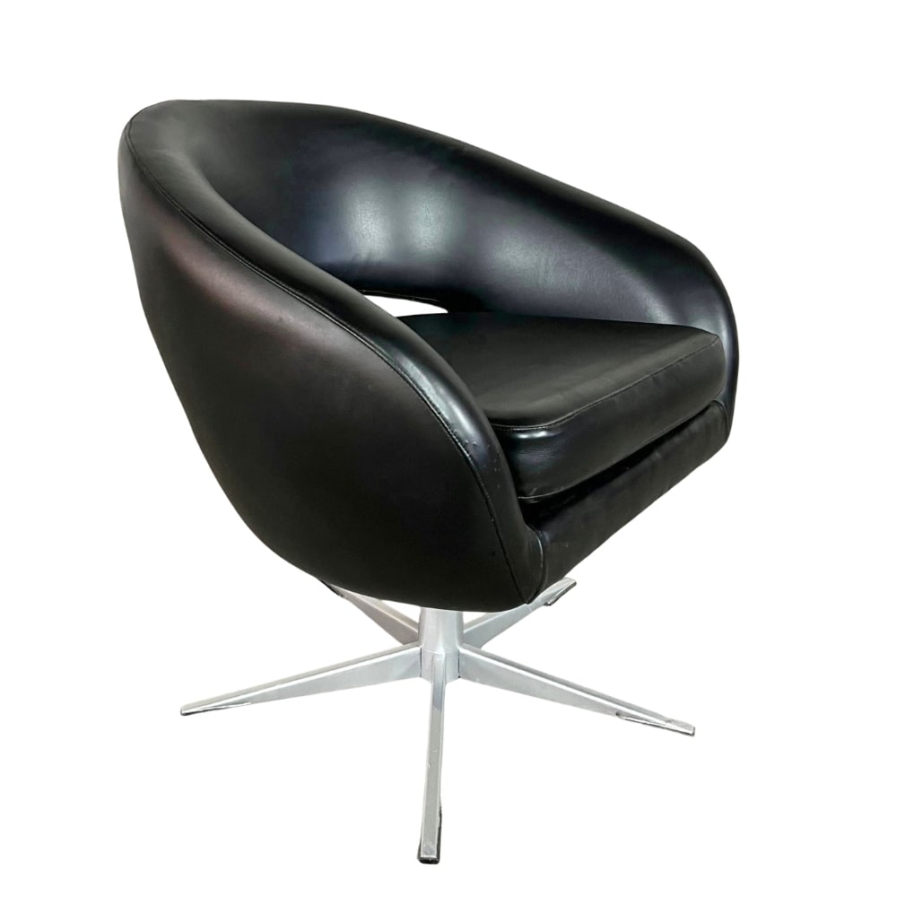 VINTAGE SCANDINAVIAN LEATHER SWIVEL CLUB CHAIR: Dimensions: H 26” x W 26.5” x SD 18” x SH 16.9”. Vintage Scandinavian black leather swivel club chair with chrome base attr. Overman.
