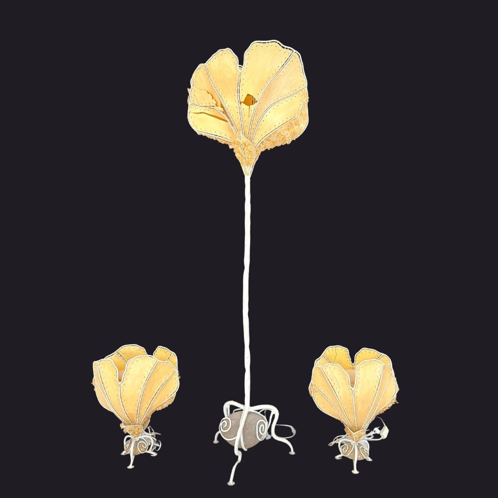 SET FRENCH FLOOR LAMP WITH TWO TABLE LAMPS: Dimensions: H 61.5” x W 13.5”. Set of 3 French floor lamp with 2 table lamps with white painted wrought iron base and flower lampshades. Dimensions: (small lamp) H 15" x W 12".