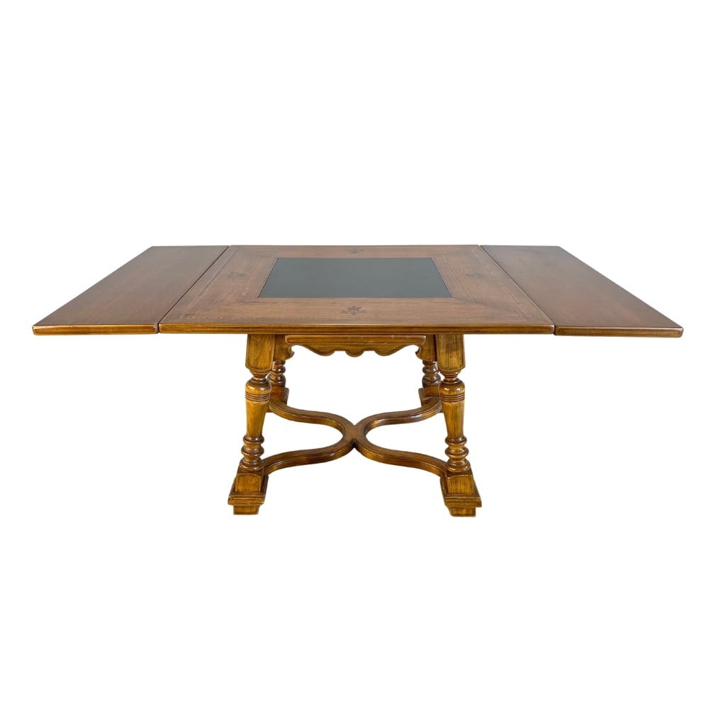 ALPINE SWISS EXTENDABLE DINING TABLE, 18C: Dimensions: H 29.5” x W 43.3 x D 39.3”. Rare Swiss Baroque farm inlaid extendable dining table. The center has a large slate slap, perfect for hot pots. Extended W 71".