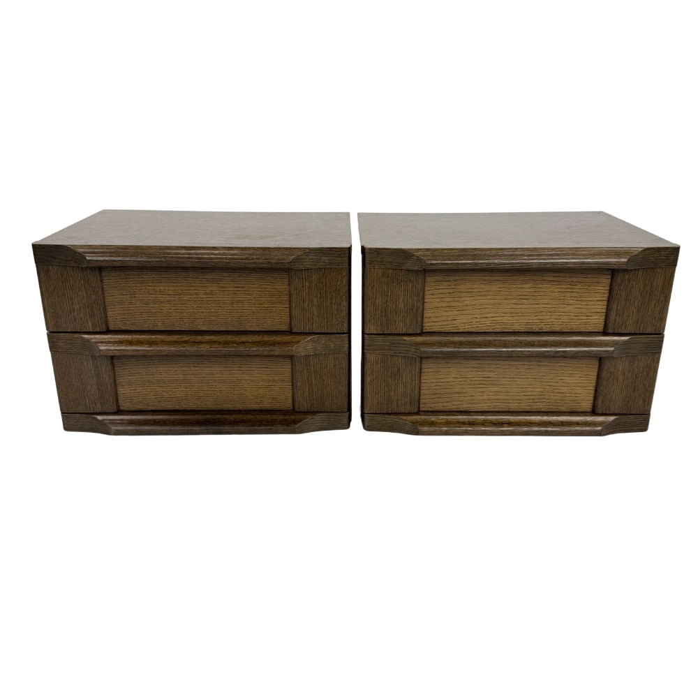 DUTCH OAK NIGHTSTANDS, A PAIR: Dimensions: H 14.3” x W 21.7” x D 16”. Pair of Vintage Dutch Brutalist oak nightstands, each one with two drawers.