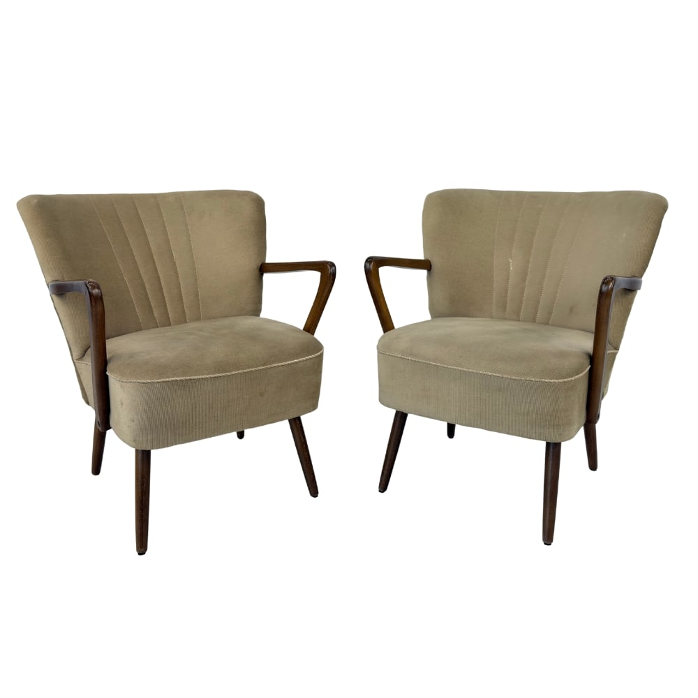 DANISH COCKTAIL CLUB CHAIRS, A PAIR: Dimensions: H 29” x W 22.5” x D 25” x SH 18”. Pair of Danish cocktail club armchairs with original beige fabric.