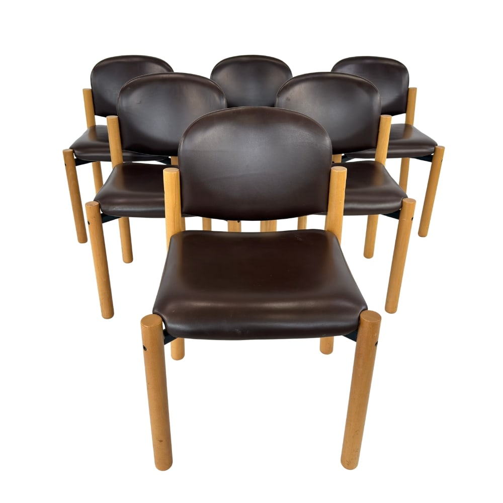 (6) DIETIKER FOR STEIN AM RHEIN CHAIRS: Dimensions: H 30.5” x W 20” x D 22.5” x SH 18.7”. Set of 6 dining chairs designed by Dietiker for Stein Am Rhein in the 1980s, upholstered in original dark brown faux leather.