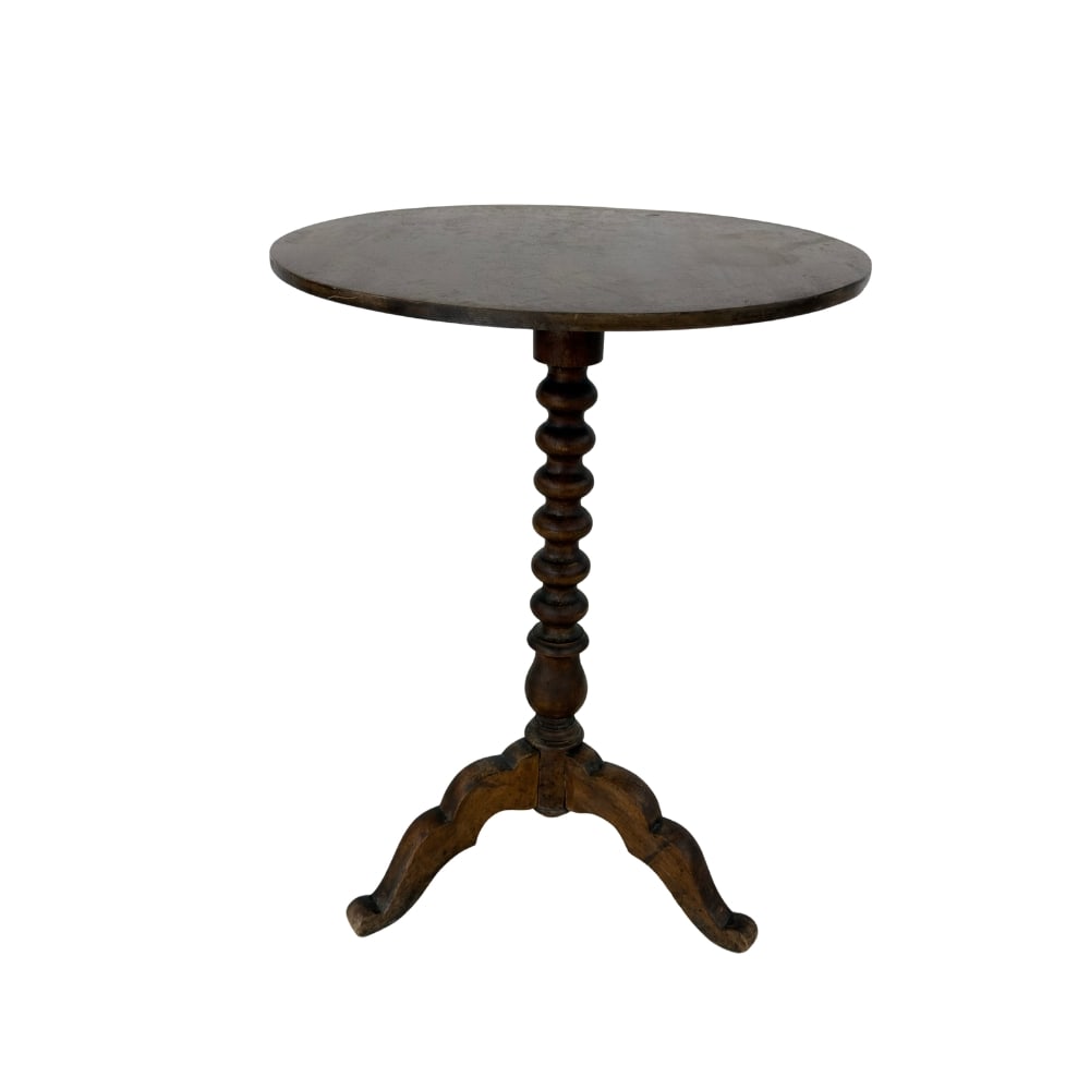 ANTIQUE VICTORIAN SIDE TABLE: Dimensions: H 27” x W 19.7”. Antique Victorian barley twist tripod side table.