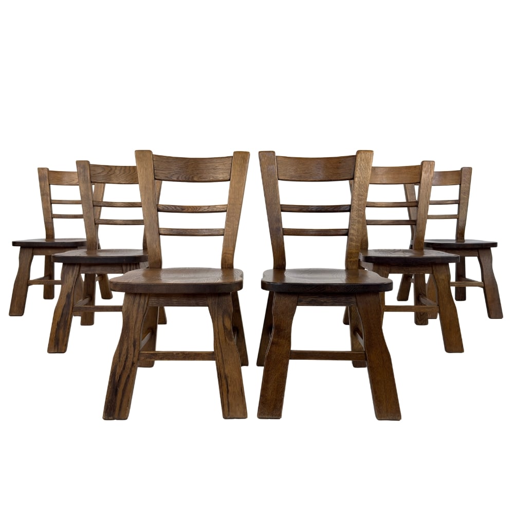 (6) BELGIAN BRUTALIST DINING CHAIRS: Dimensions: H 35” x W 17” x D 20” x SH 17.5”. Set of 6 Belgian Brutalist oak dining chairs.