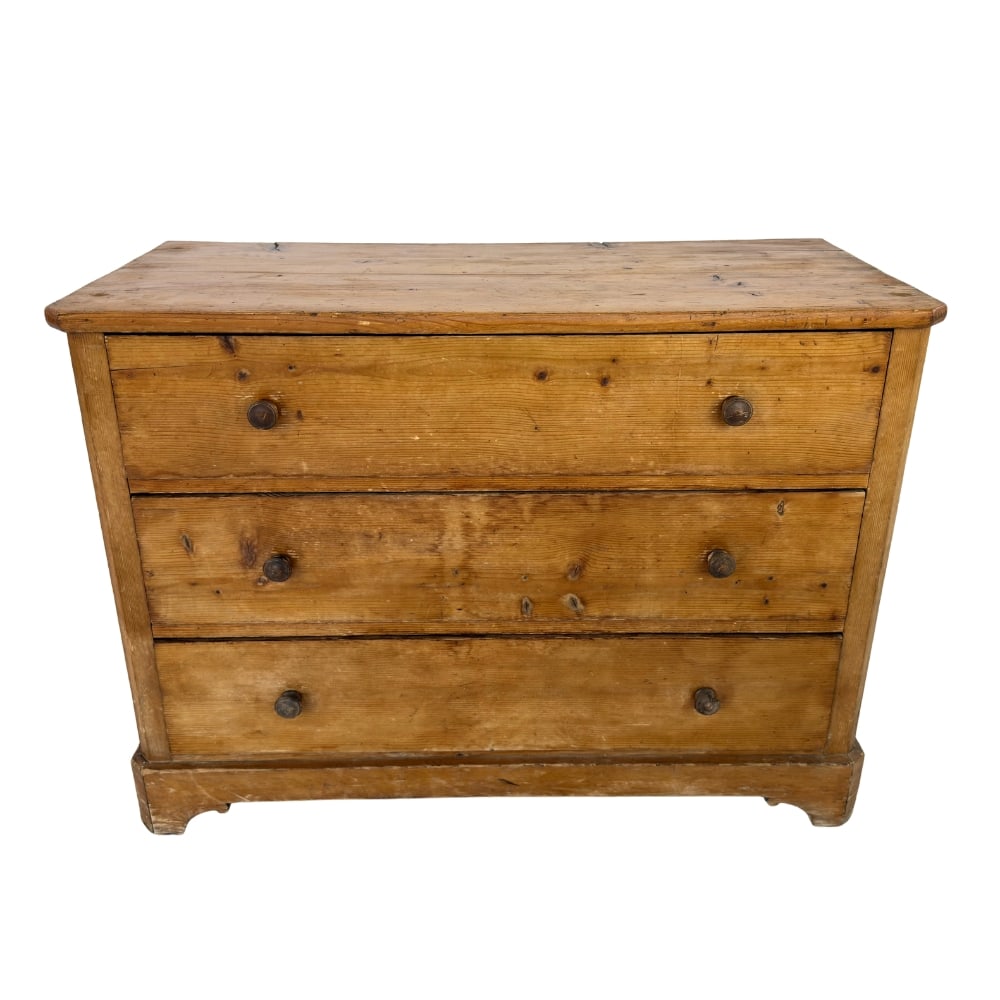 ANTIQUE PINE CHEST OF DRAWERS: Dimensions: H 33” x W 45” x D 20.7”. Antique Victorian pine chest of drawers with three big drawers.