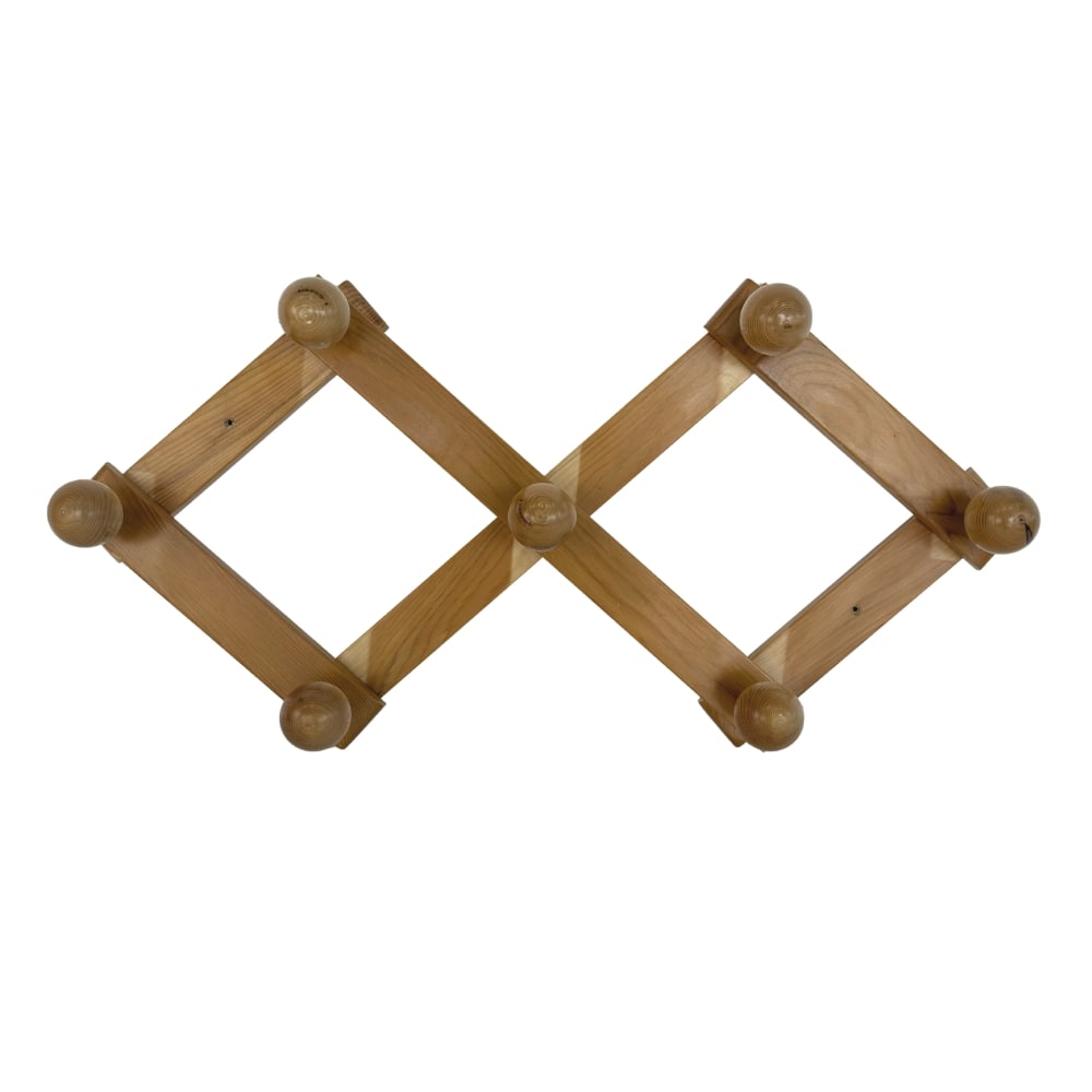 DANISH PINE COAT RACK: Dimensions: H 18” x W 33”. Vintage Danish brutalist adjustable pine coat rack, 1970s.