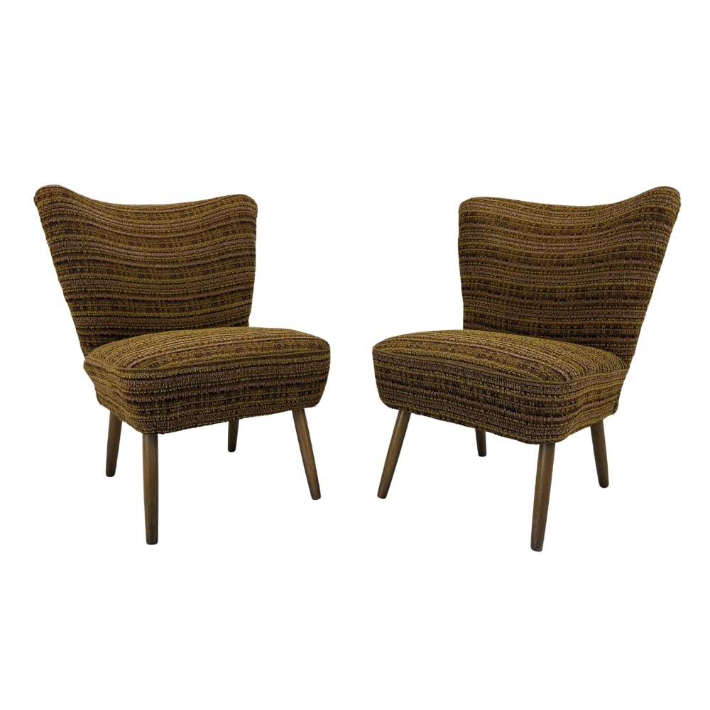 DANISH COCKTAIL CHAIRS, A PAIR: Dimensions: H 28” x W 20” x D 27” x SH 17”. Pair of Vintage Danish cocktail lounge chairs with original upholstery.