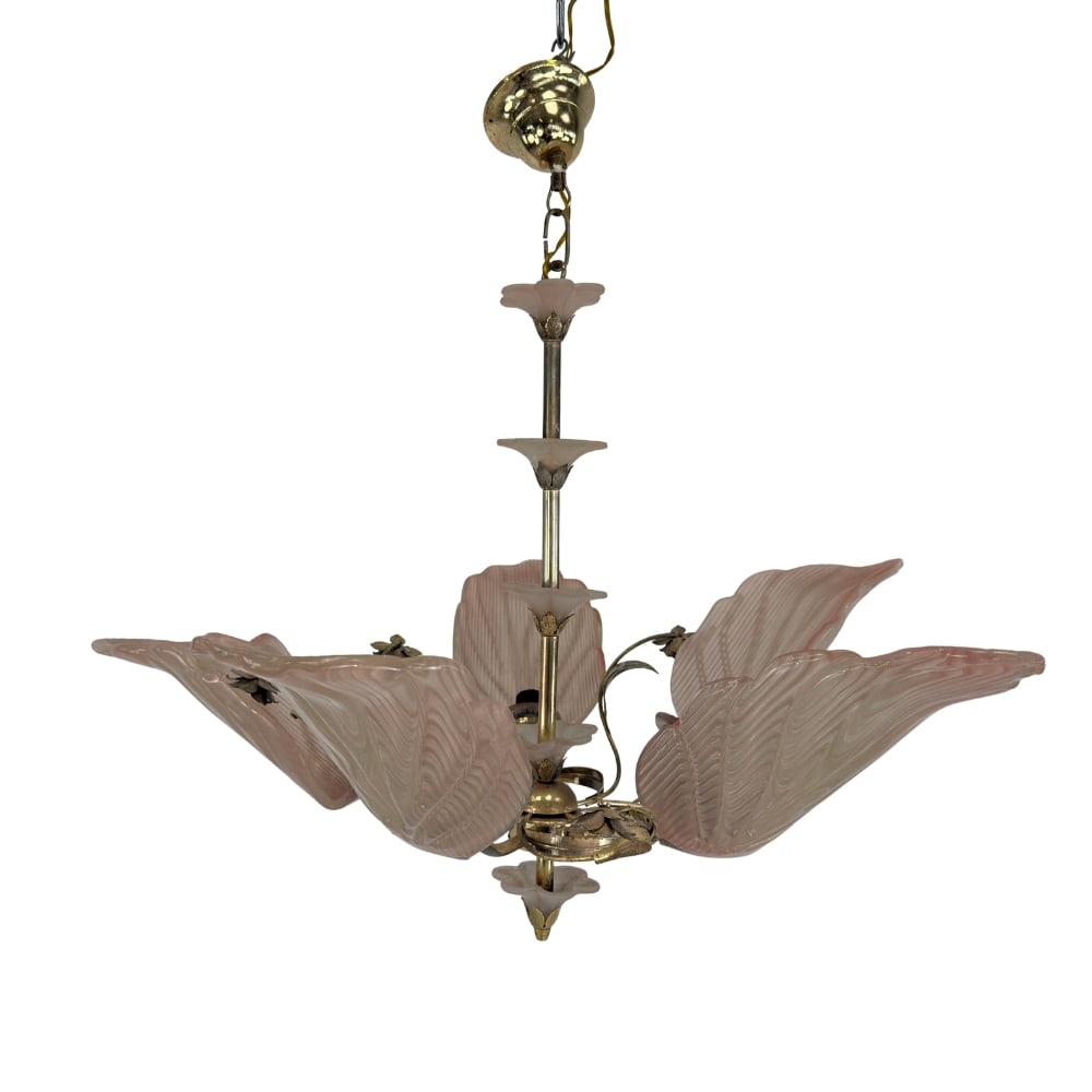 MURANO CHANDELIER MANNER OF FRANCO LUCE: Dimensions: H 21” x W 29”. Hollywood regency style Italian Murano glass flower chandelier manner of Franco Luce with 5 lights, 1970s.