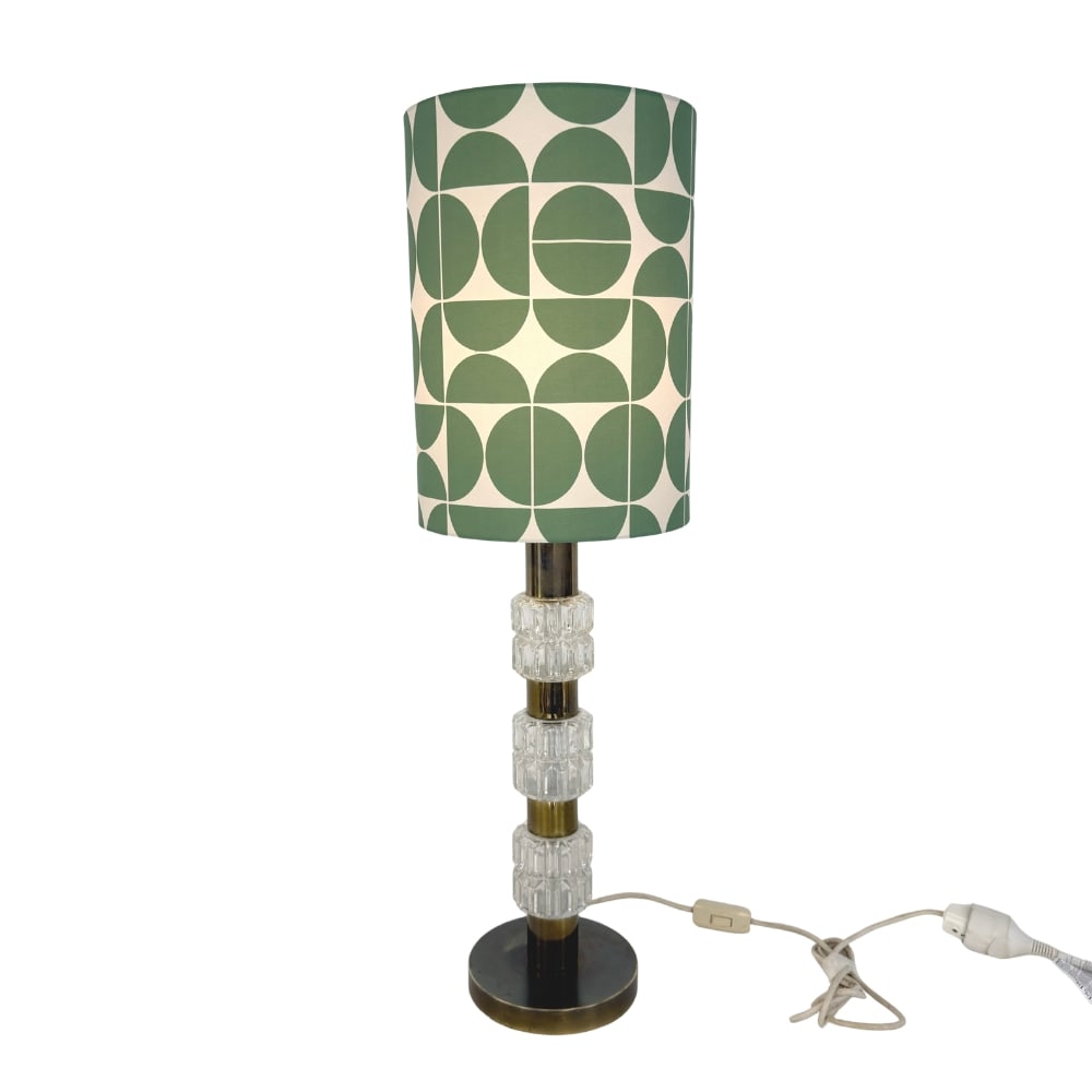 ITALIAN TABLE LAMP: Dimensions: H 33.3” x W 7”. Vintage Italian brass table/floor lamp with green and white geometric patterned lampshade.
