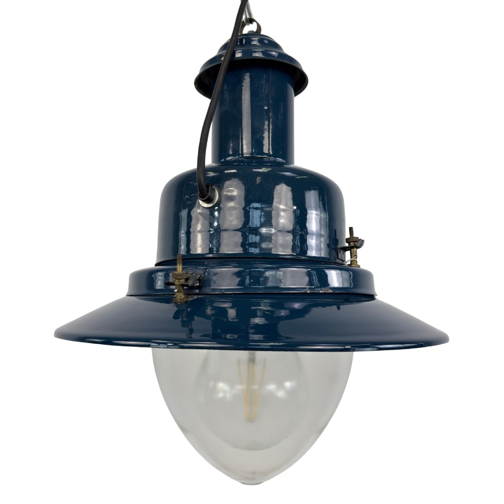 HAPPY LIGHT UCCELLO SHIP LAMP: Dimensions: H 18” x W 16”. Vintage dark blue enamel Happy light “Uccello” ship lamp, 1990s.