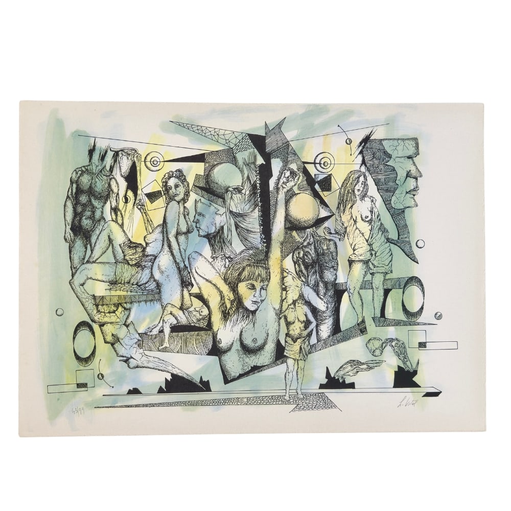 LIBERO VITALI ARTWORK ITALY: Dimensions: H 19.3” x W 27”. Abstract composition by Libero Vitali. Signed. Libero Vitali was an Italian Postwar painter and printmaker, known for his unique contemporary style, born in