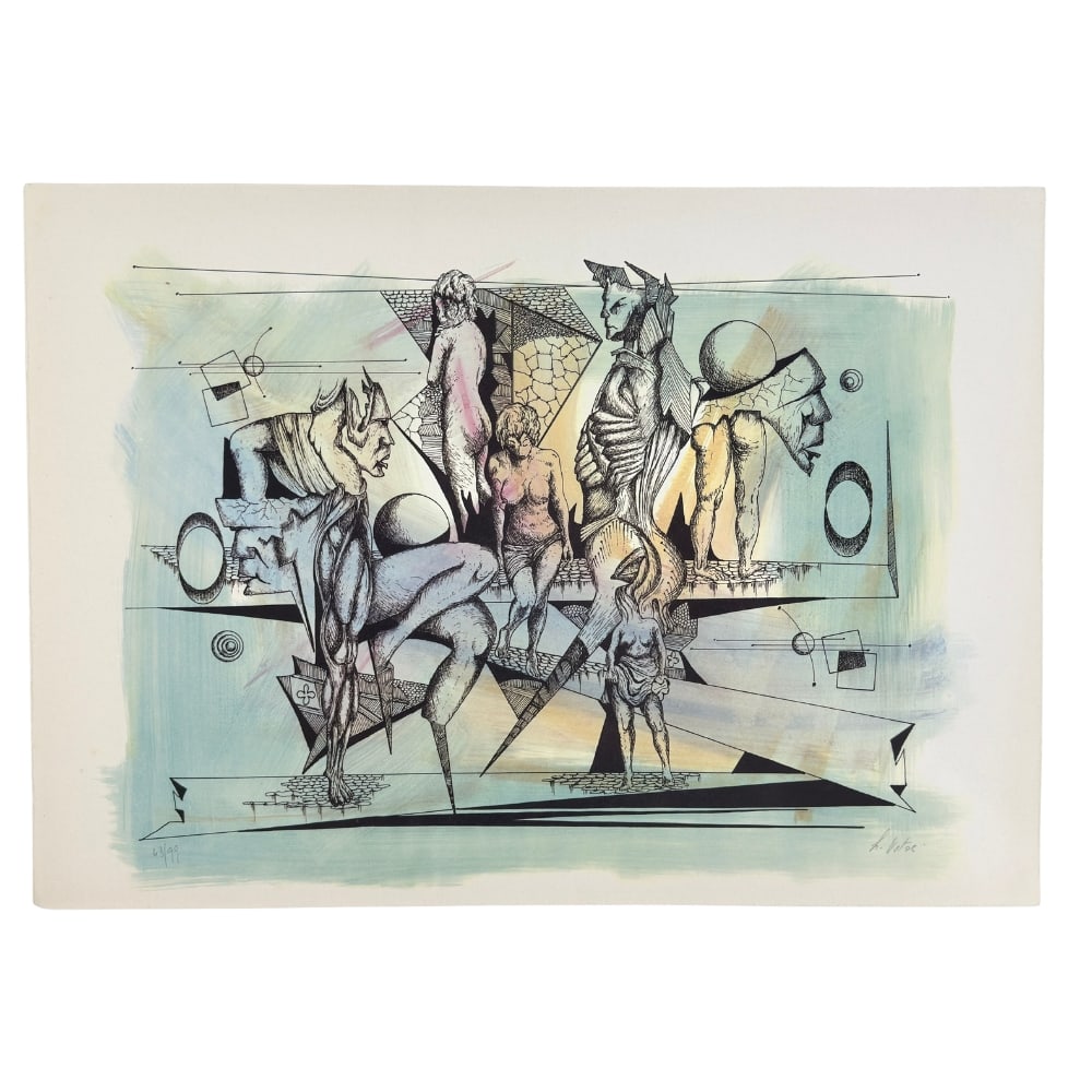 LIBERO VITALI ARTWORK ITALY: Dimensions: H 19.3” x W 27”. Abstract composition by Libero Vitali. Signed. Libero Vitali was an Italian Postwar painter and printmaker, known for his unique contemporary style, born in