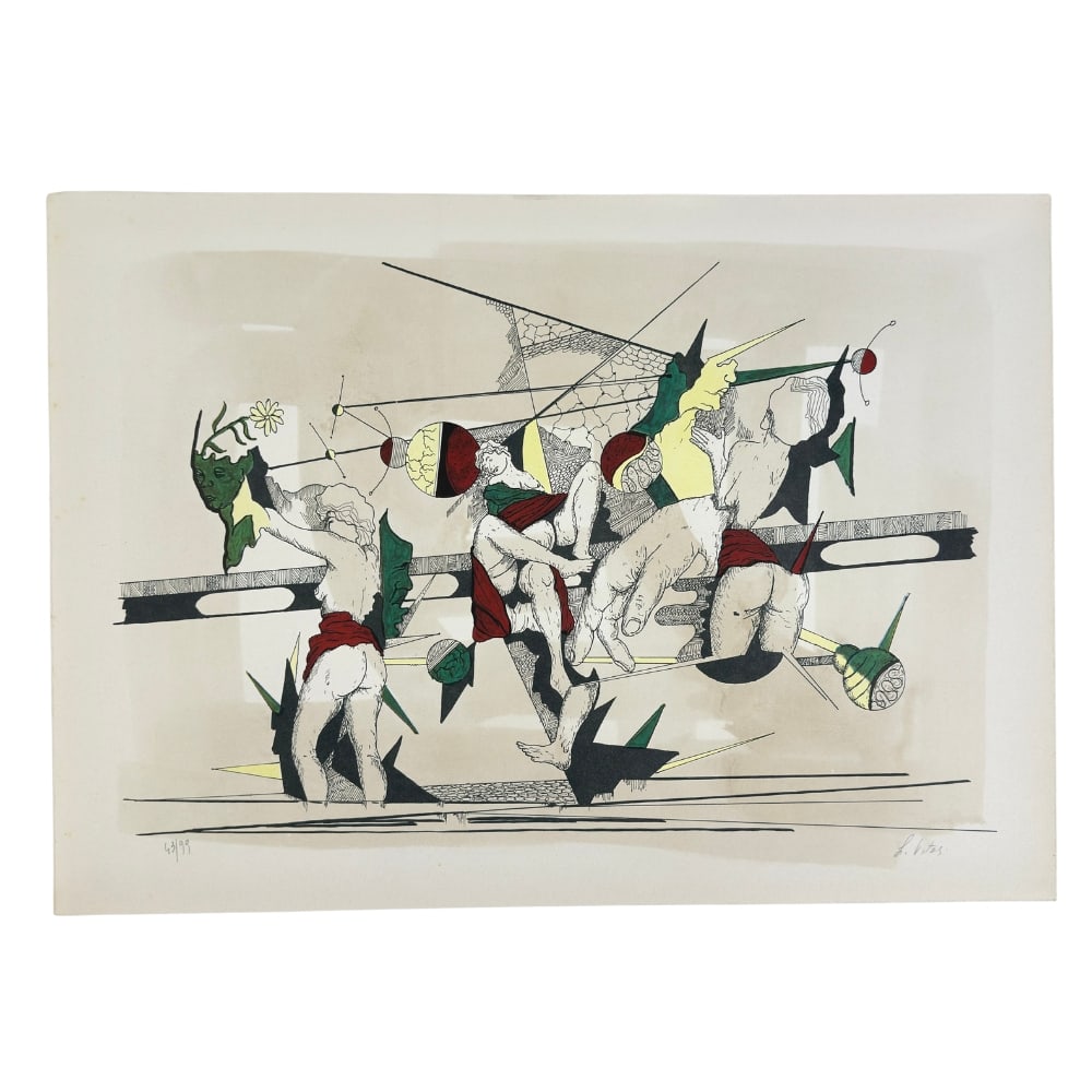 LIBERO VITALI ARTWORK ITALY: Dimensions: H 19.3” x W 27”. Abstract composition by Libero Vitali. Signed. Libero Vitali was an Italian Postwar painter and printmaker, known for his unique contemporary style, born in